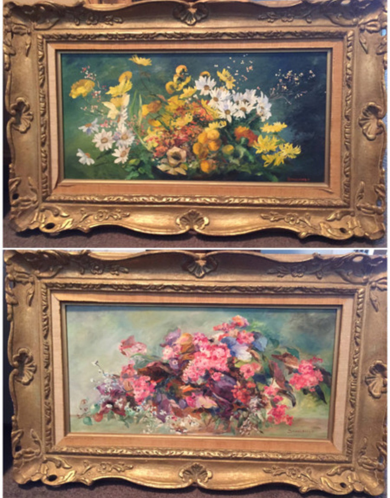 Pair of lovely florals (oil on board) by listed artist, Kitty Brandfield (1910-1999).