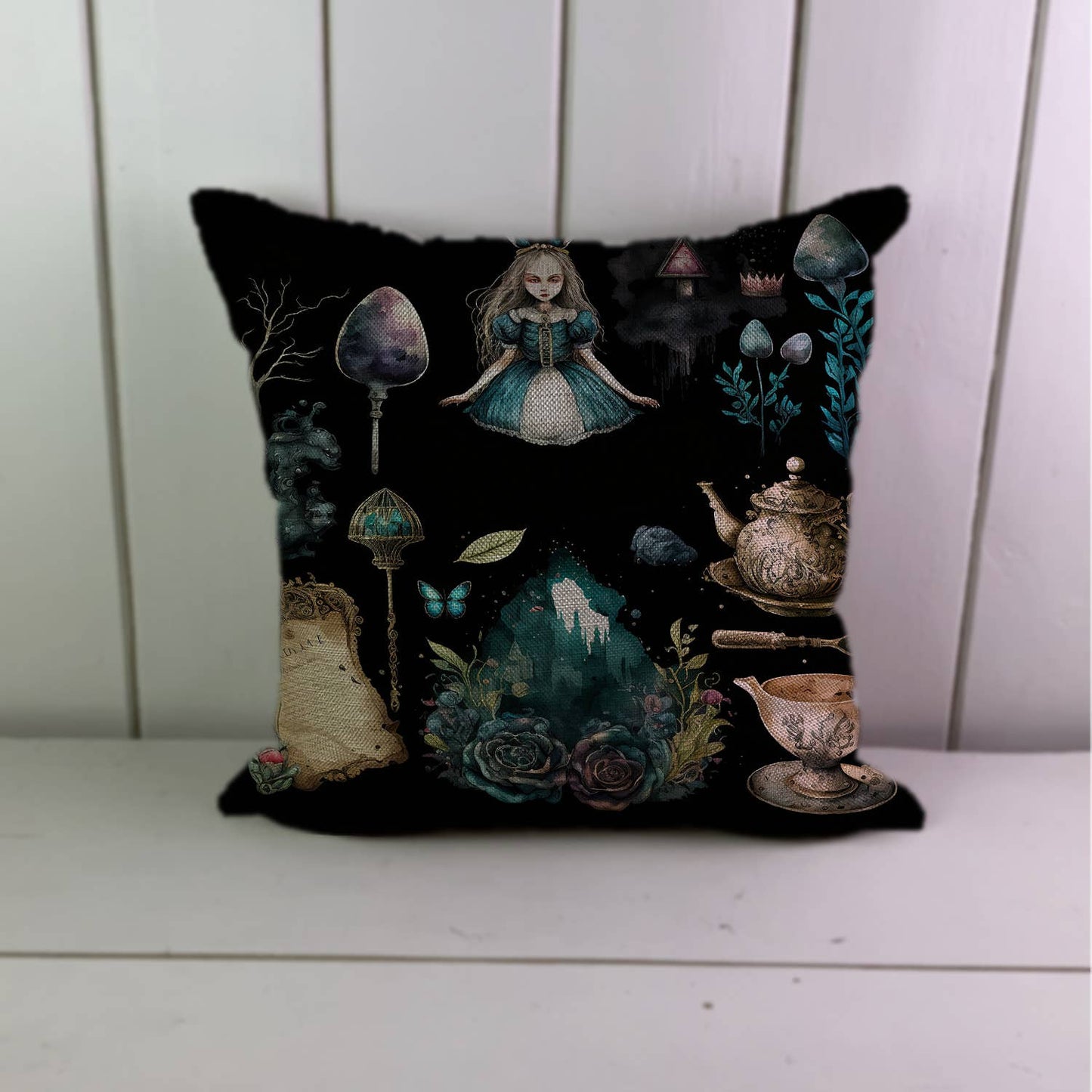 Dark Alice In Wonderland Art Linen Cushion Cover
