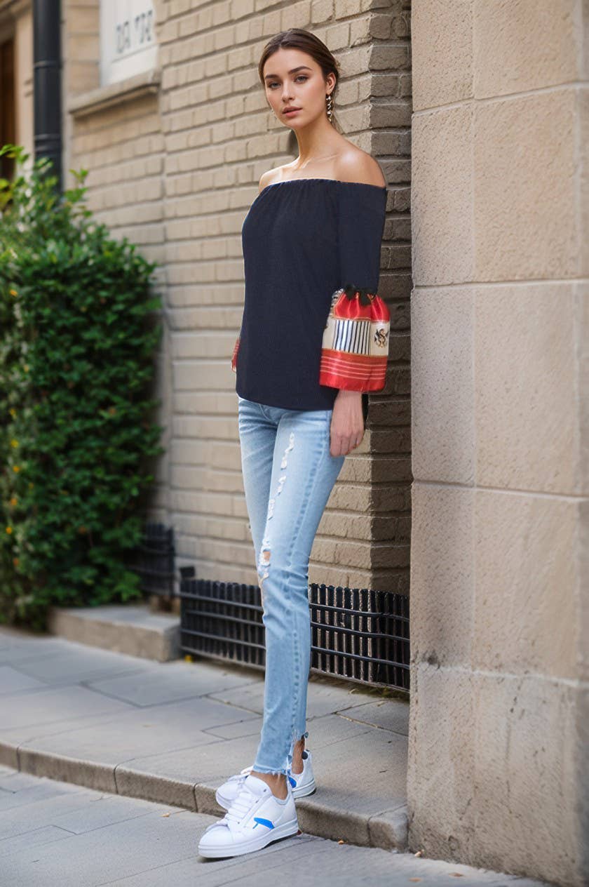 FAYA OFF SHOULDER TOP (NAVY / RED SCARF)- VT2538SC