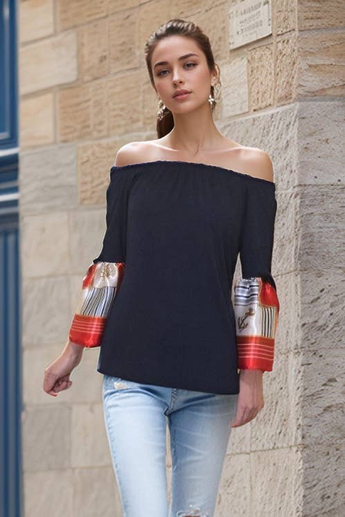 FAYA OFF SHOULDER TOP (NAVY / RED SCARF)- VT2538SC