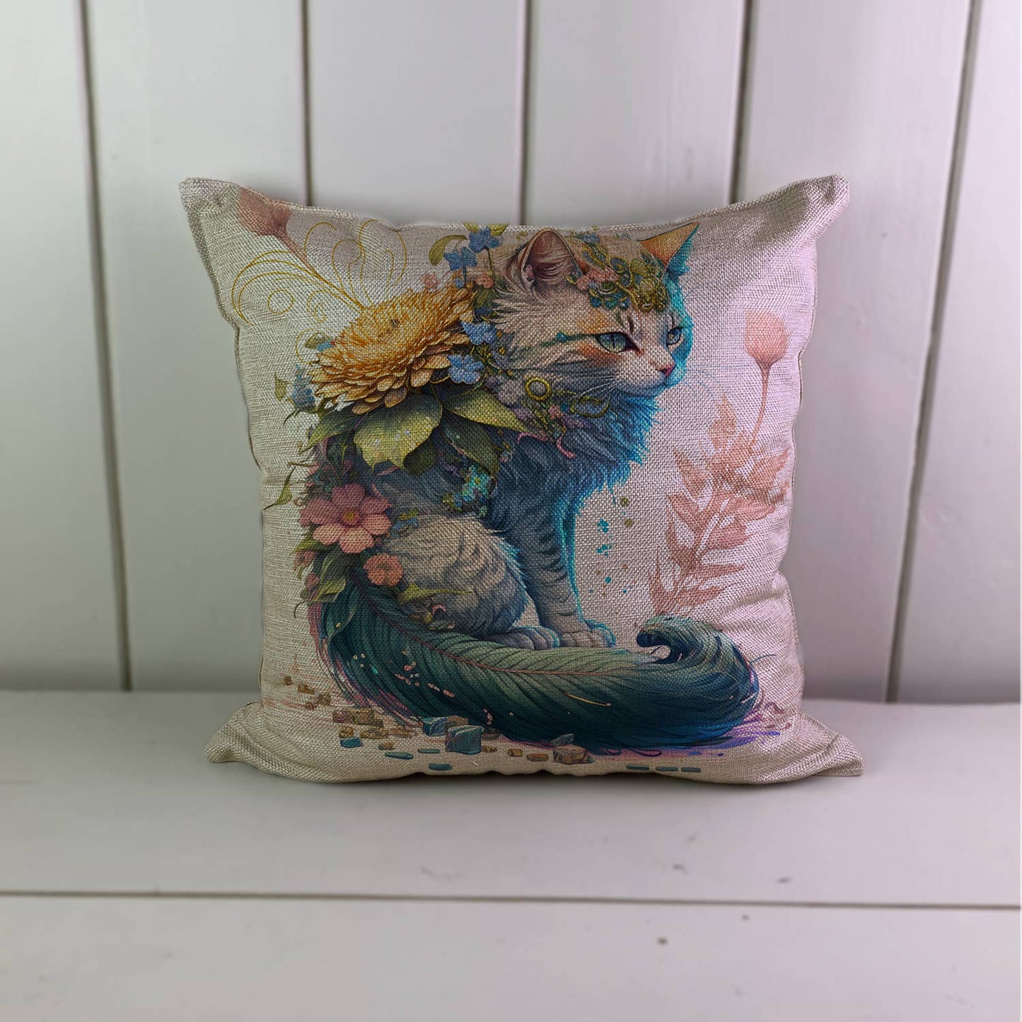 Floral Cat Blue Linen Cushion Cover