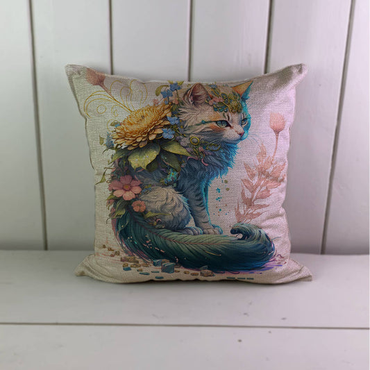 Floral Cat Blue Linen Cushion Cover