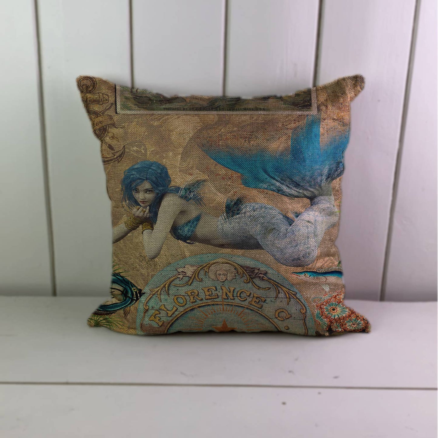 Vintage Blue Hair Mermaid  Linen Cushion Cover