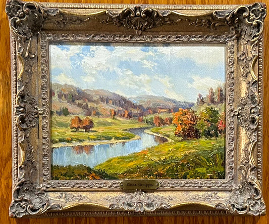 14" x 11" Oil on Board by Charles Paul Gruppe (Housed in hand carved, ornate, frame of the period)