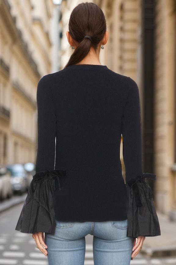 CLEO MIXED MEDIA BELL SLEEVE TOP (BLACK /BLACK SATIN)-VT3380