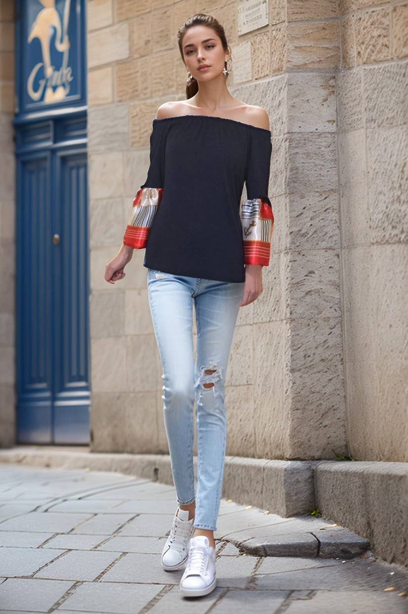 FAYA OFF SHOULDER TOP (NAVY / RED SCARF)- VT2538SC